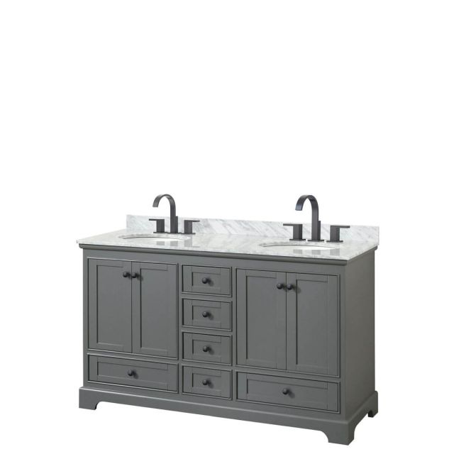 Wyndham Collection Deborah 60 inch Double Bathroom Vanity in Dark Gray with White Carrara Marble Countertop, Undermount Oval Sinks and Matte Black Trim WCS202060DGBCMUNOMXX