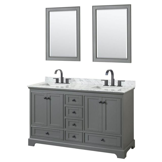 Wyndham Collection Deborah 60 inch Double Bathroom Vanity in Dark Gray with White Carrara Marble Countertop, Undermount Square Sinks, Matte Black Trim and 24 Inch Mirrors WCS202060DGBCMUNSM24
