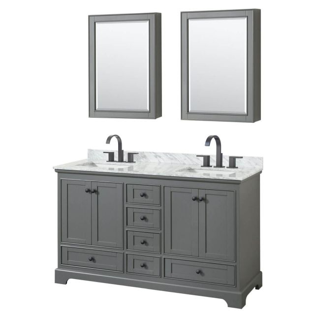 Wyndham Collection Deborah 60 inch Double Bathroom Vanity in Dark Gray with White Carrara Marble Countertop, Undermount Square Sinks, Matte Black Trim and Medicine Cabinets WCS202060DGBCMUNSMED
