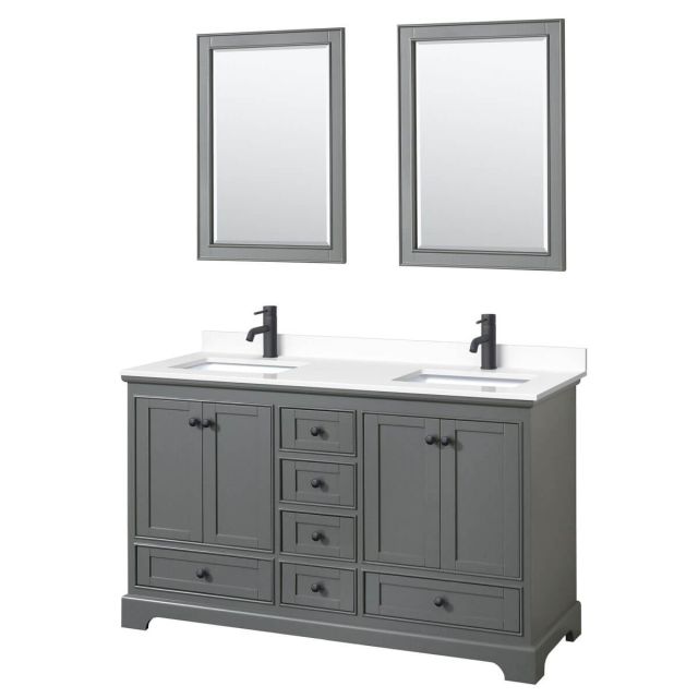 Wyndham Collection Deborah 60 inch Double Bathroom Vanity in Dark Gray with White Cultured Marble Countertop, Undermount Square Sinks, Matte Black Trim and 24 Inch Mirrors WCS202060DGBWCUNSM24