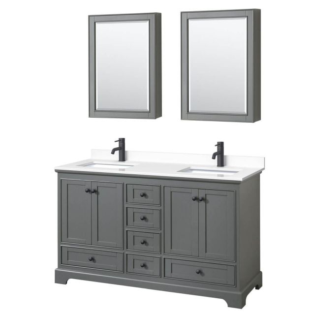 Wyndham Collection Deborah 60 inch Double Bathroom Vanity in Dark Gray with White Cultured Marble Countertop, Undermount Square Sinks, Matte Black Trim and Medicine Cabinets WCS202060DGBWCUNSMED