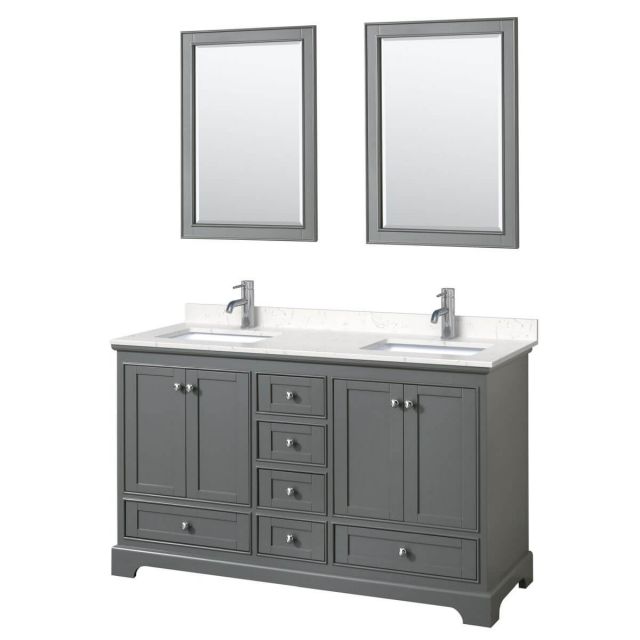 Wyndham Collection Deborah 60 inch Double Bathroom Vanity in Dark Gray with Light-Vein Carrara Cultured Marble Countertop, Undermount Square Sinks and 24 inch Mirrors - WCS202060DKGC2UNSM24