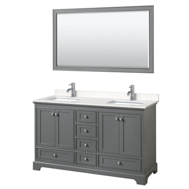 Wyndham Collection Deborah 60 inch Double Bathroom Vanity in Dark Gray with Light-Vein Carrara Cultured Marble Countertop, Undermount Square Sinks and 58 inch Mirror - WCS202060DKGC2UNSM58