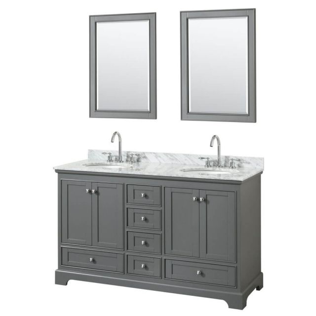 Wyndham Collection Deborah 60 inch Double Bath Vanity in Dark Gray with White Carrara Marble Countertop, Undermount Oval Sinks and 24 inch Mirrors - WCS202060DKGCMUNOM24