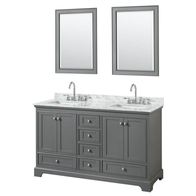 Wyndham Collection Deborah 60 Inch Double Bath Vanity In Dark Gray With White Carrara Marble Countertop With Undermount Square Sink With 24 Inch Mirror - WCS202060DKGCMUNSM24