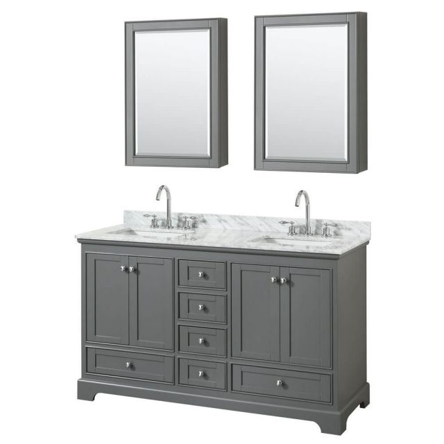 Wyndham Collection Deborah 60 Inch Double Bath Vanity In Dark Gray With White Carrara Marble Countertop With Undermount Square Sink With Medicine Cabinet - WCS202060DKGCMUNSMED