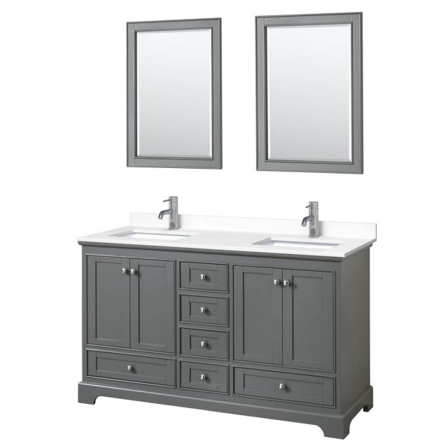 Wyndham Collection Deborah 60 inch Double Bathroom Vanity in Dark Gray with White Cultured Marble Countertop, Undermount Square Sinks and 24 inch Mirrors - WCS202060DKGWCUNSM24