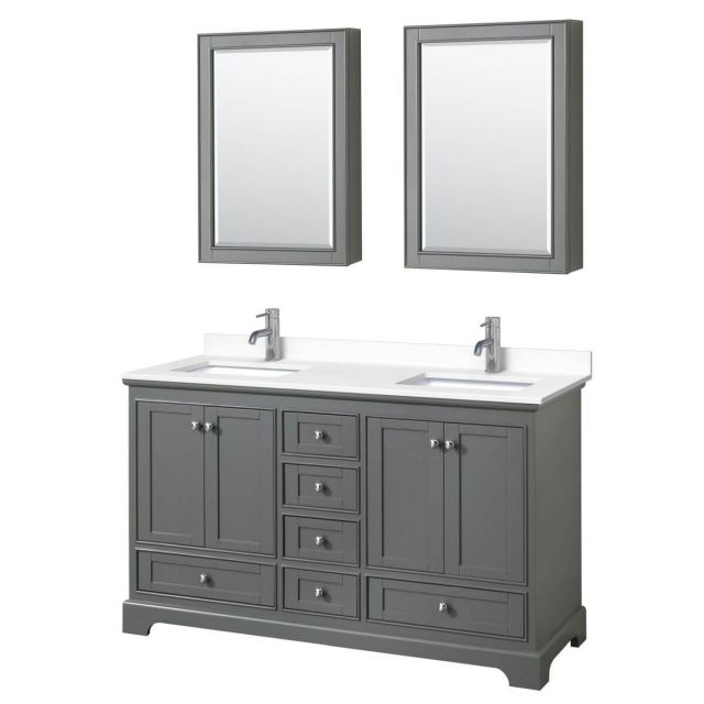 Wyndham Collection Deborah 60 inch Double Bathroom Vanity in Dark Gray with White Cultured Marble Countertop, Undermount Square Sinks and Medicine Cabinets - WCS202060DKGWCUNSMED