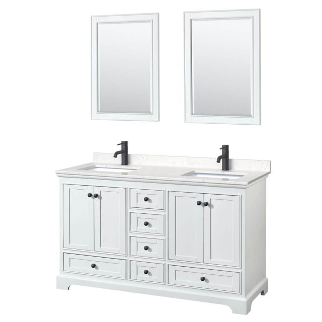Wyndham Collection Deborah 60 inch Double Bathroom Vanity in White with Carrara Cultured Marble Countertop, Undermount Square Sinks, Matte Black Trim and 24 Inch Mirrors WCS202060DWBC2UNSM24