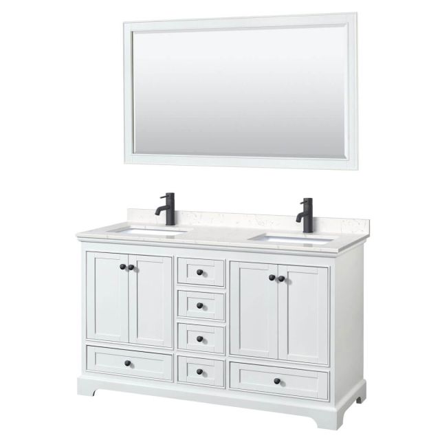 Wyndham Collection Deborah 60 inch Double Bathroom Vanity in White with Carrara Cultured Marble Countertop, Undermount Square Sinks, Matte Black Trim and 58 Inch Mirror WCS202060DWBC2UNSM58