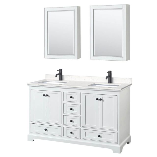 Wyndham Collection Deborah 60 inch Double Bathroom Vanity in White with Carrara Cultured Marble Countertop, Undermount Square Sinks, Matte Black Trim and Medicine Cabinets WCS202060DWBC2UNSMED