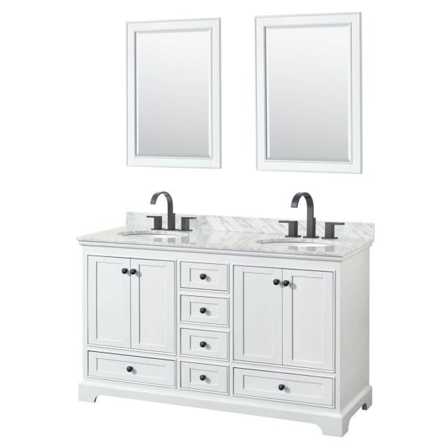 Wyndham Collection Deborah 60 inch Double Bathroom Vanity in White with White Carrara Marble Countertop, Undermount Oval Sinks, Matte Black Trim and 24 Inch Mirrors WCS202060DWBCMUNOM24