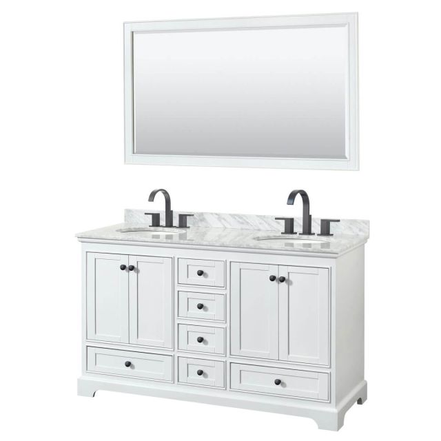 Wyndham Collection Deborah 60 inch Double Bathroom Vanity in White with White Carrara Marble Countertop, Undermount Oval Sinks, Matte Black Trim and 58 Inch Mirror WCS202060DWBCMUNOM58