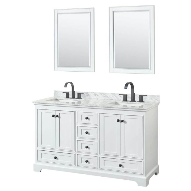 Wyndham Collection Deborah 60 inch Double Bathroom Vanity in White with White Carrara Marble Countertop, Undermount Square Sinks, Matte Black Trim and 24 Inch Mirrors WCS202060DWBCMUNSM24