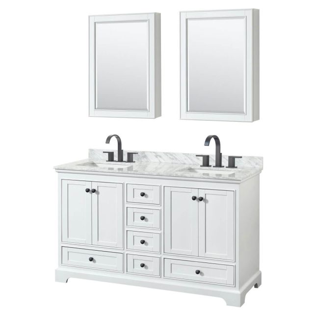 Wyndham Collection Deborah 60 inch Double Bathroom Vanity in White with White Carrara Marble Countertop, Undermount Square Sinks, Matte Black Trim and Medicine Cabinets WCS202060DWBCMUNSMED
