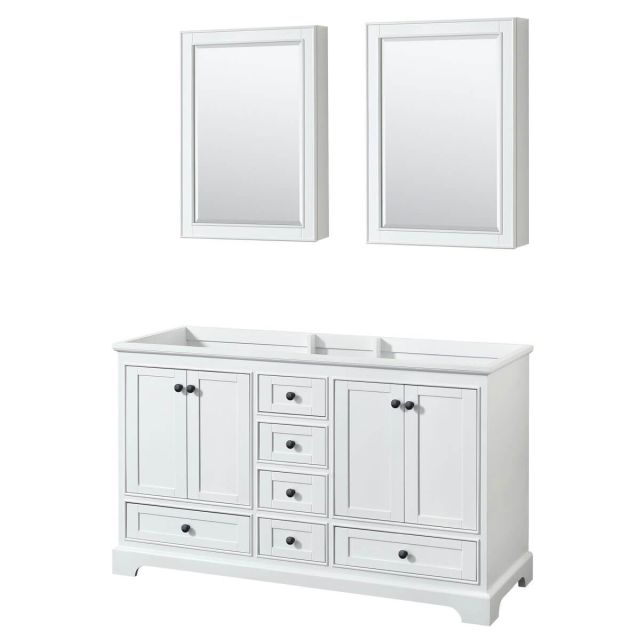 Wyndham Collection Deborah 60 inch Double Bathroom Vanity in White with Matte Black Trim, Medicine Cabinets, No Countertop and No Sinks WCS202060DWBCXSXXMED