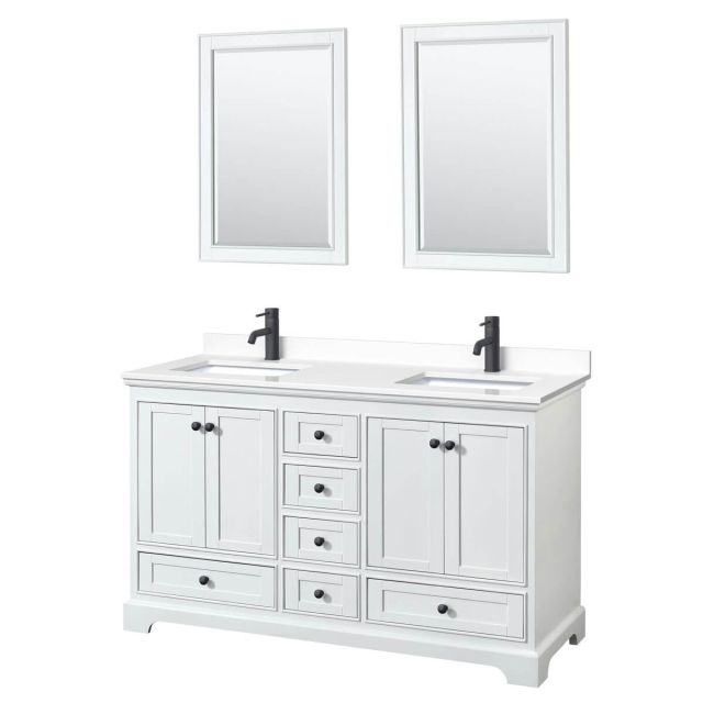 Wyndham Collection Deborah 60 inch Double Bathroom Vanity in White with White Cultured Marble Countertop, Undermount Square Sinks, Matte Black Trim and 24 Inch Mirrors WCS202060DWBWCUNSM24