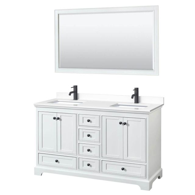 Wyndham Collection Deborah 60 inch Double Bathroom Vanity in White with White Cultured Marble Countertop, Undermount Square Sinks, Matte Black Trim and 58 Inch Mirror WCS202060DWBWCUNSM58