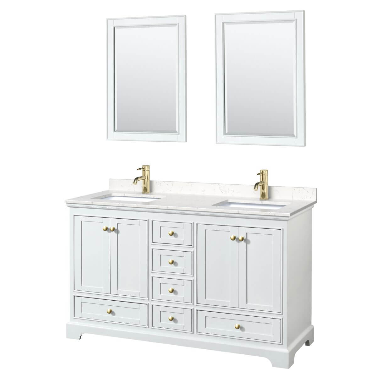 Wyndham Collection Deborah 60 inch Double Bathroom Vanity in White with Carrara Cultured Marble Countertop, Undermount Square Sinks, Brushed Gold Trim and 24 inch Mirrors - WCS202060DWGC2UNSM24