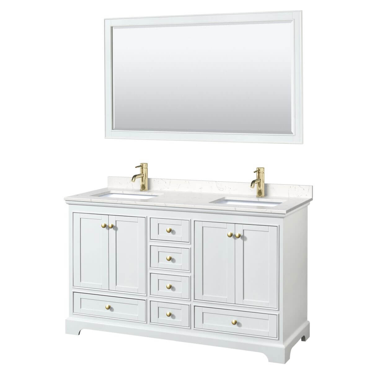 Wyndham Collection Deborah 60 inch Double Bathroom Vanity in White with Carrara Cultured Marble Countertop, Undermount Square Sinks, Brushed Gold Trim and 58 inch Mirror - WCS202060DWGC2UNSM58