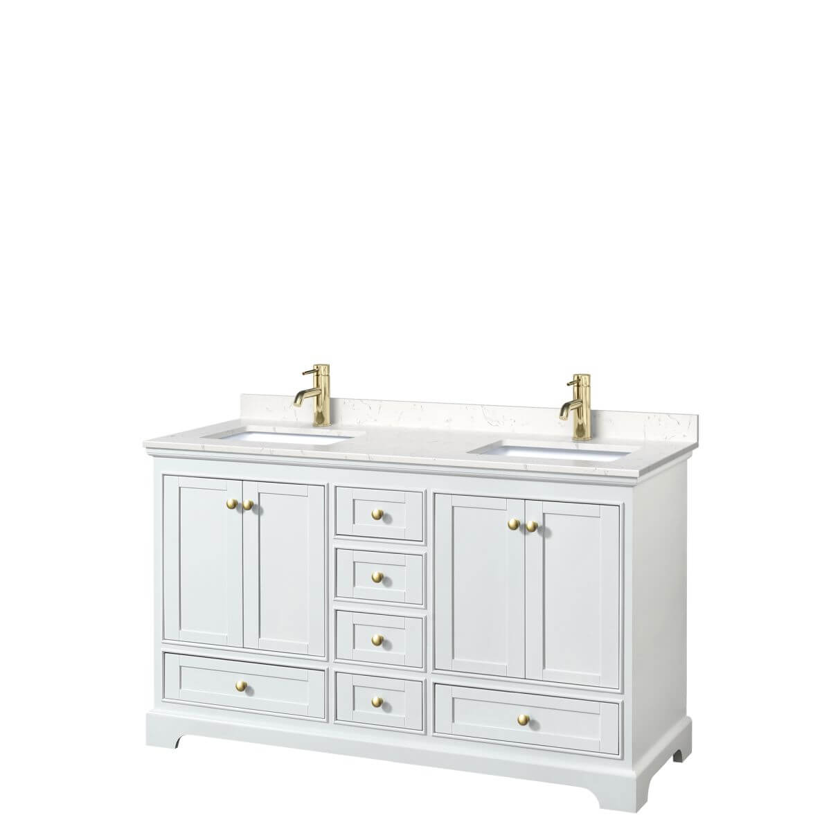 Wyndham Collection Deborah 60 inch Double Bathroom Vanity in White with Carrara Cultured Marble Countertop, Undermount Square Sinks, Brushed Gold Trim and No Mirrors - WCS202060DWGC2UNSMXX