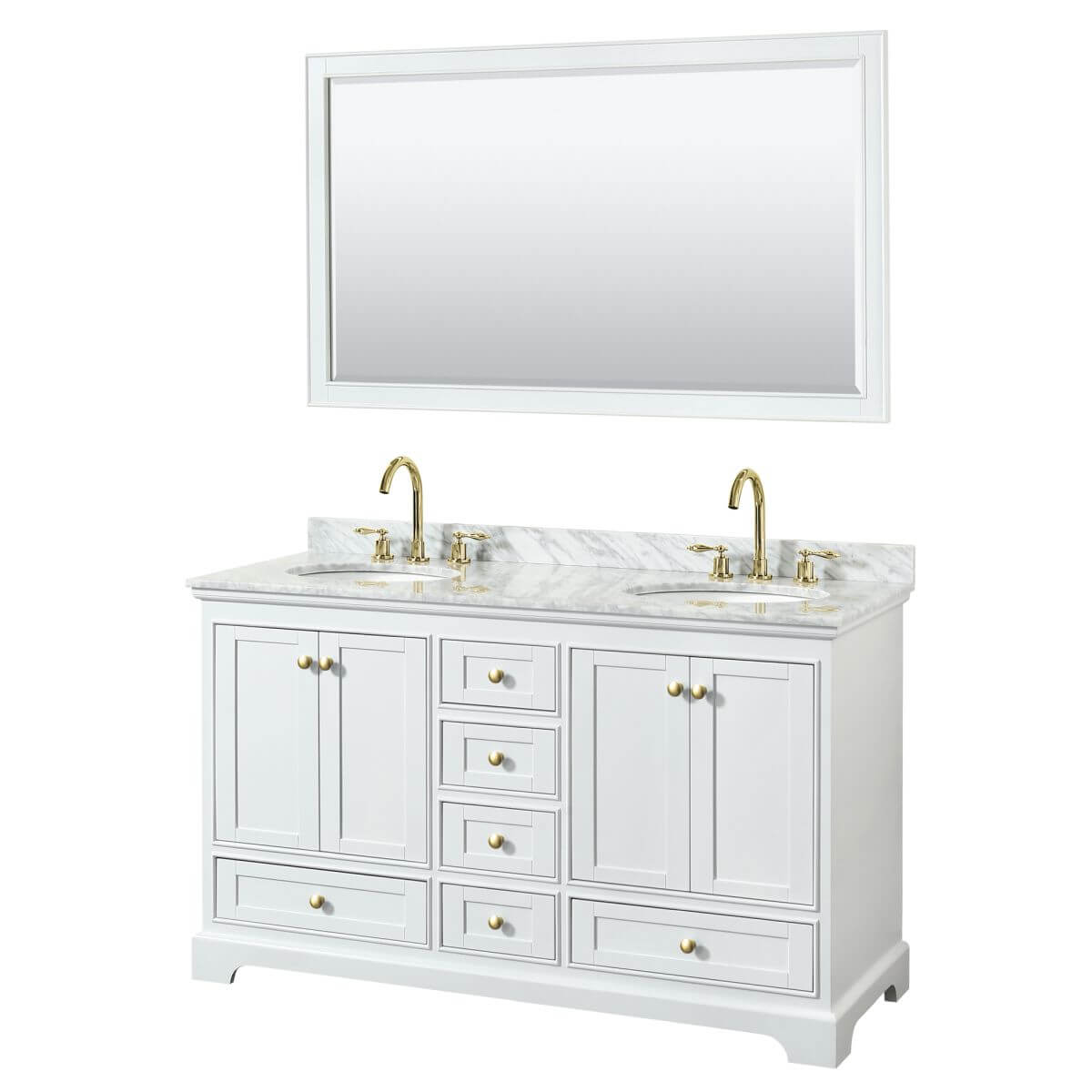 Wyndham Collection Deborah 60 inch Double Bathroom Vanity in White with White Carrara Marble Countertop, Undermount Oval Sinks, Brushed Gold Trim and 58 inch Mirror - WCS202060DWGCMUNOM58