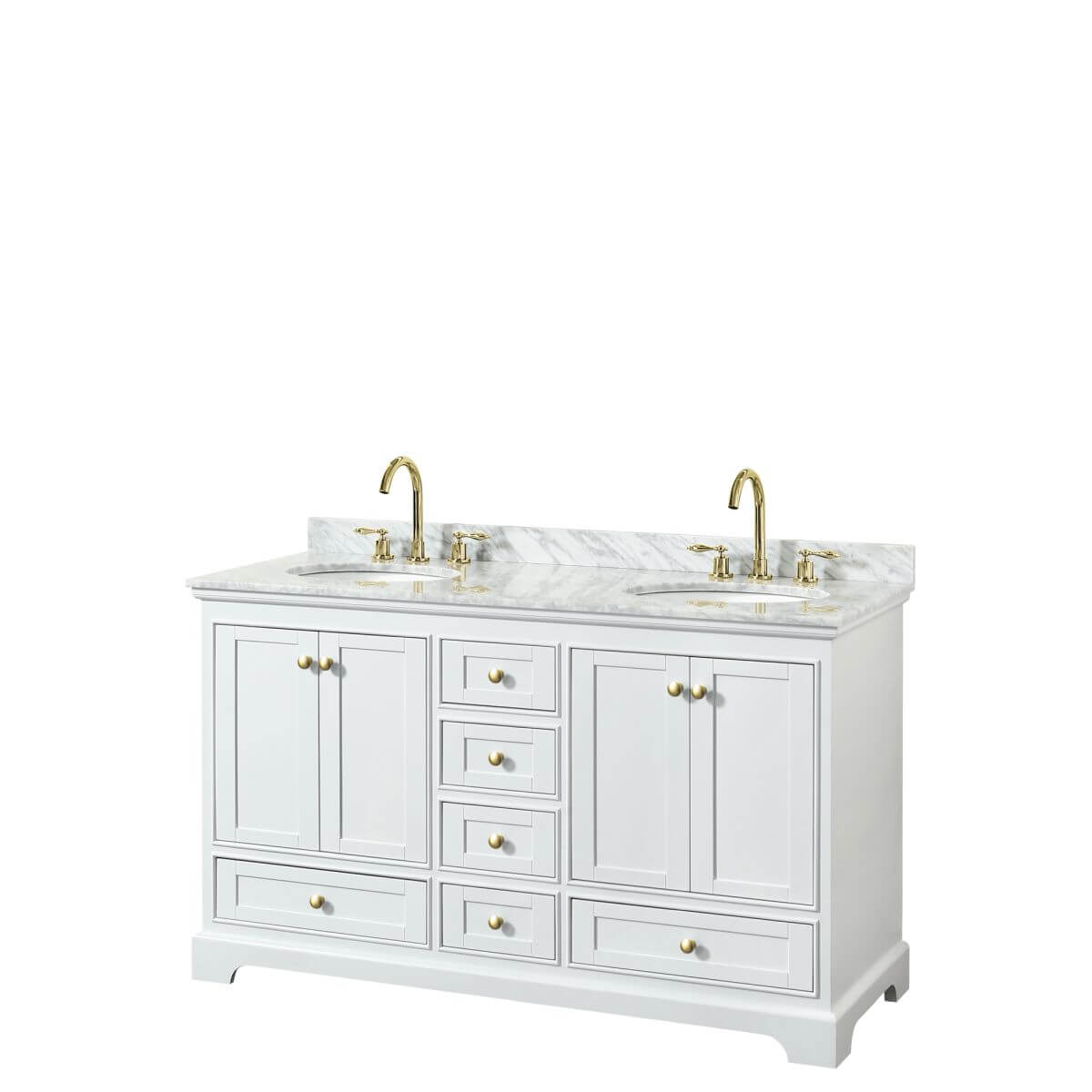 Wyndham Collection Deborah 60 inch Double Bathroom Vanity in White with White Carrara Marble Countertop, Undermount Oval Sinks, Brushed Gold Trim and No Mirrors - WCS202060DWGCMUNOMXX