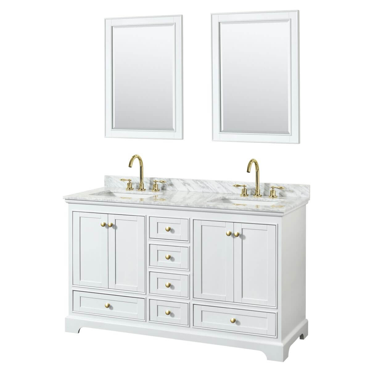 Wyndham Collection Deborah 60 inch Double Bathroom Vanity in White with White Carrara Marble Countertop, Undermount Square Sinks, Brushed Gold Trim and 24 inch Mirrors - WCS202060DWGCMUNSM24