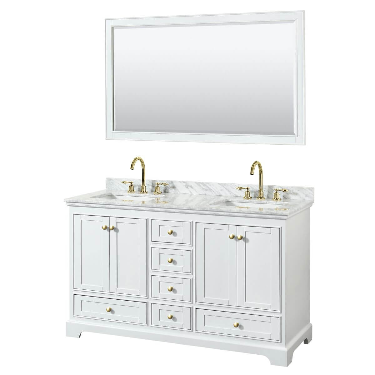 Wyndham Collection Deborah 60 inch Double Bathroom Vanity in White with White Carrara Marble Countertop, Undermount Square Sinks, Brushed Gold Trim and 58 inch Mirror - WCS202060DWGCMUNSM58