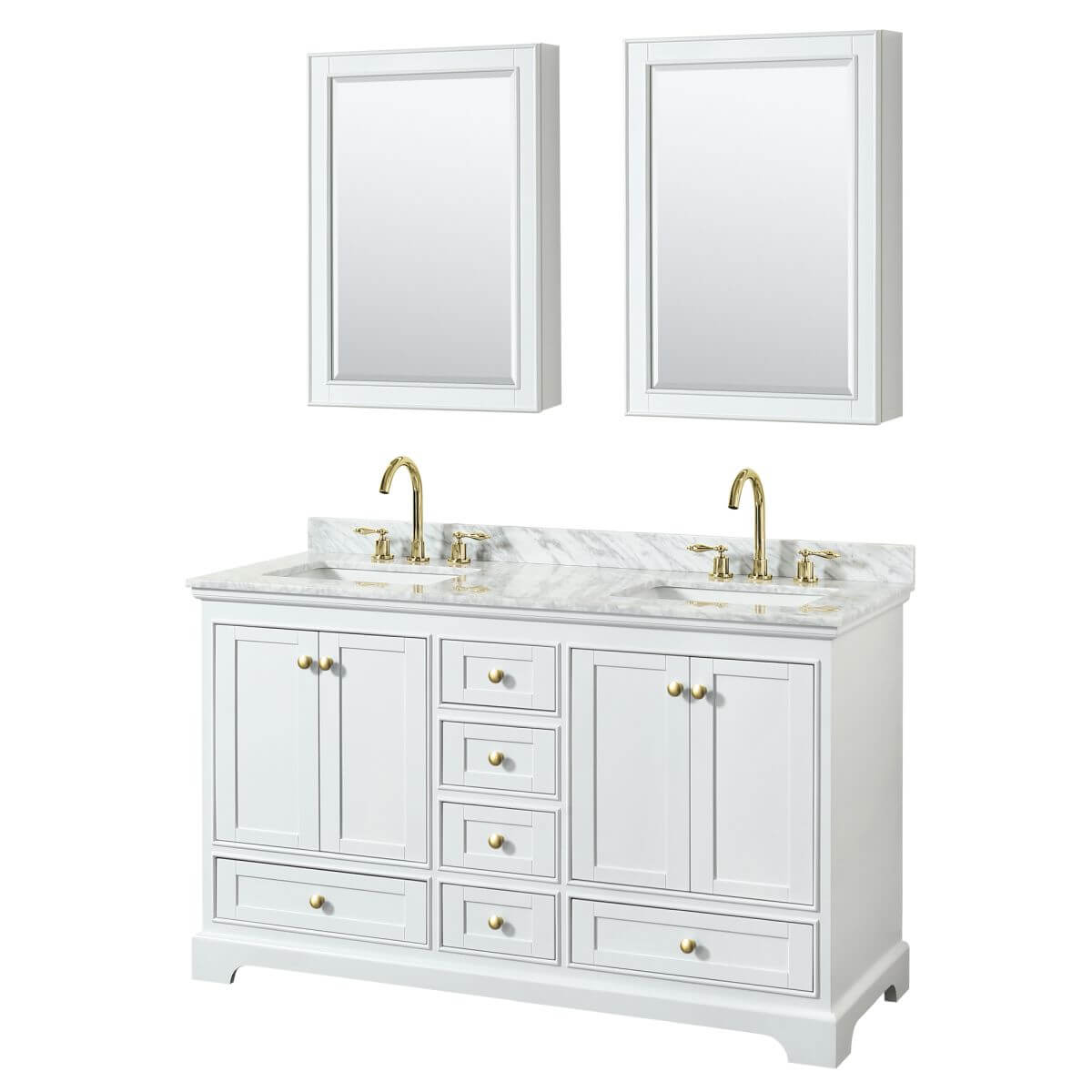 Wyndham Collection Deborah 60 inch Double Bathroom Vanity in White with White Carrara Marble Countertop, Undermount Square Sinks, Brushed Gold Trim and Medicine Cabinets - WCS202060DWGCMUNSMED