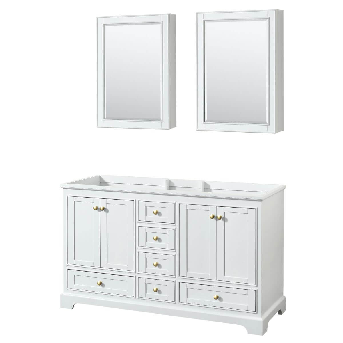 Wyndham Collection Deborah 60 inch Double Bathroom Vanity in White with Medicine Cabinets, Brushed Gold Trim, No Countertop and No Sinks - WCS202060DWGCXSXXMED