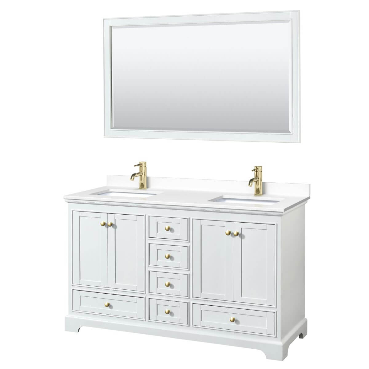 Wyndham Collection Deborah 60 inch Double Bathroom Vanity in White with White Cultured Marble Countertop, Undermount Square Sinks, Brushed Gold Trim and 58 inch Mirror - WCS202060DWGWCUNSM58