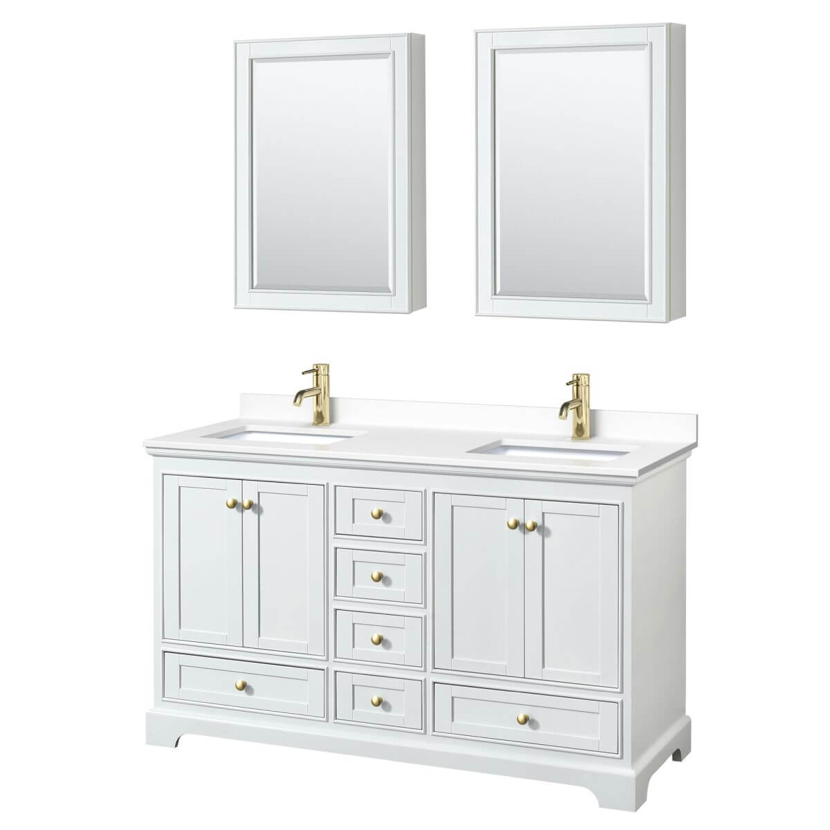 Wyndham Collection Deborah 60 inch Double Bathroom Vanity in White with White Cultured Marble Countertop, Undermount Square Sinks, Brushed Gold Trim and Medicine Cabinets - WCS202060DWGWCUNSMED