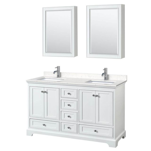 Wyndham Collection Deborah 60 inch Double Bathroom Vanity in White with Light-Vein Carrara Cultured Marble Countertop, Undermount Square Sinks and Medicine Cabinets - WCS202060DWHC2UNSMED
