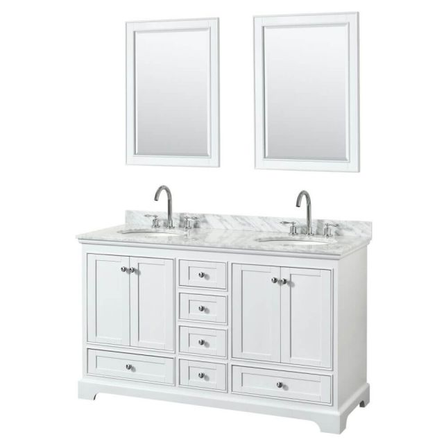 Wyndham Collection Deborah 60 inch Double Bath Vanity in White with White Carrara Marble Countertop, Undermount Oval Sinks and 24 inch Mirrors - WCS202060DWHCMUNOM24