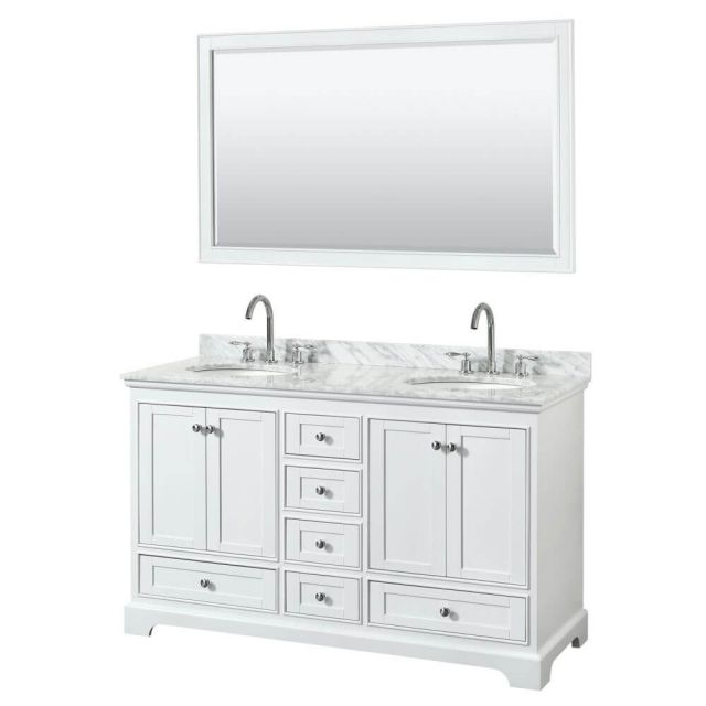 Wyndham Collection Deborah 60 inch Double Bath Vanity in White with White Carrara Marble Countertop, Undermount Oval Sinks and 58 inch Mirror - WCS202060DWHCMUNOM58