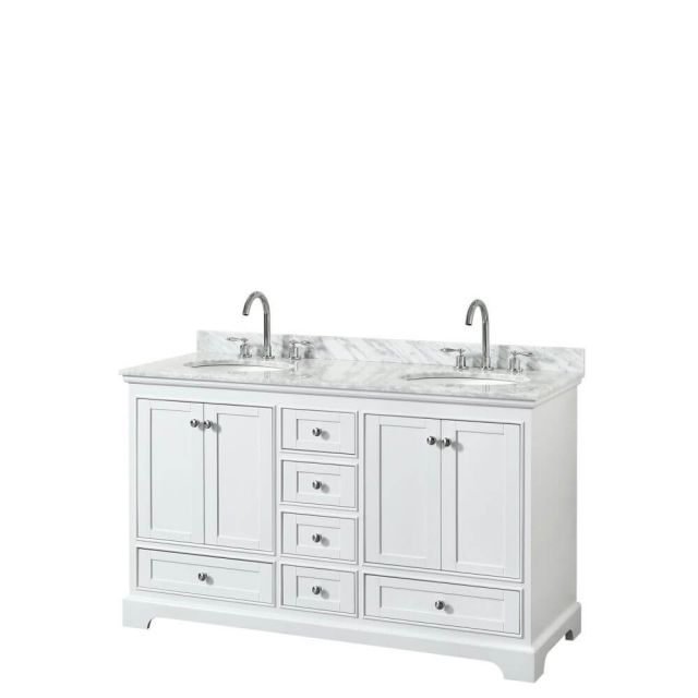 Wyndham Collection Deborah 60 inch Double Bath Vanity in White with White Carrara Marble Countertop and Undermount Oval Sinks - WCS202060DWHCMUNOMXX