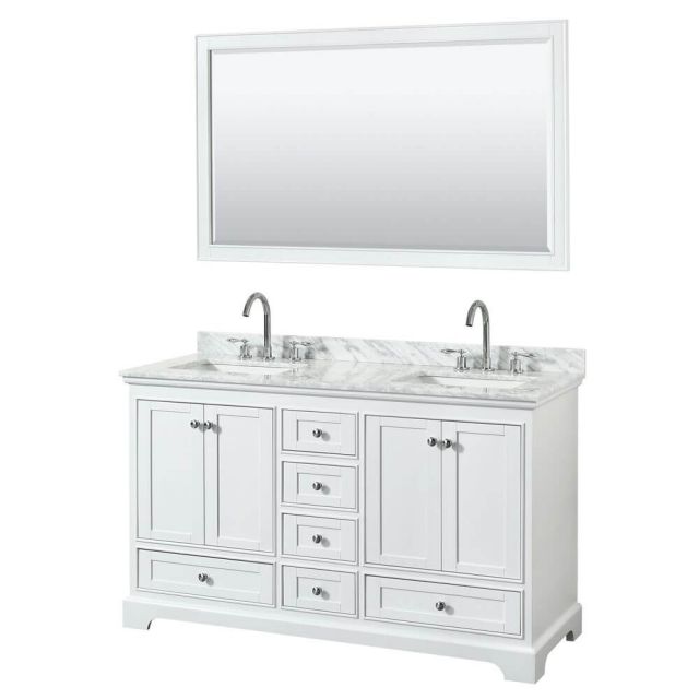 Wyndham Collection Deborah 60 Inch Double Bath Vanity In White With White Carrara Marble Countertop With Undermount Square Sink With 58 Inch Mirror - WCS202060DWHCMUNSM58