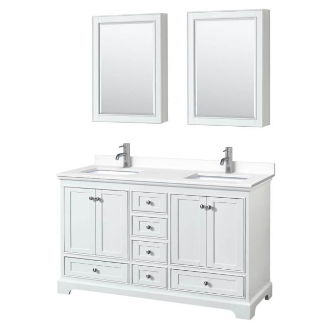 Wyndham Collection Deborah 60 inch Double Bathroom Vanity in White with White Cultured Marble Countertop, Undermount Square Sinks and Medicine Cabinets - WCS202060DWHWCUNSMED
