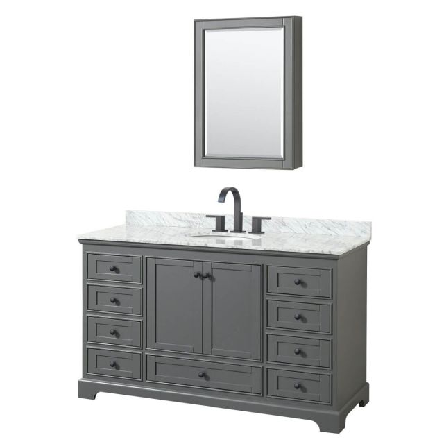 Wyndham Collection Deborah 60 inch Single Bathroom Vanity in Dark Gray with White Carrara Marble Countertop, Undermount Oval Sink, Matte Black Trim and Medicine Cabinet WCS202060SGBCMUNOMED