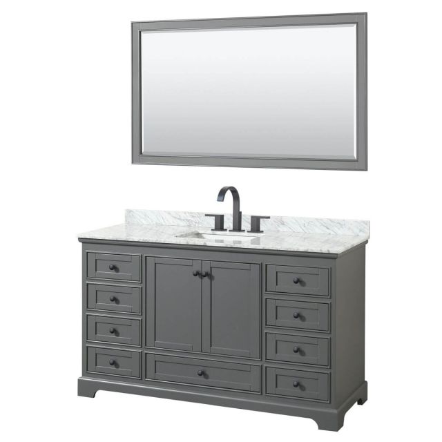 Wyndham Collection Deborah 60 inch Single Bathroom Vanity in Dark Gray with White Carrara Marble Countertop, Undermount Square Sink, Matte Black Trim and 58 Inch Mirror WCS202060SGBCMUNSM58
