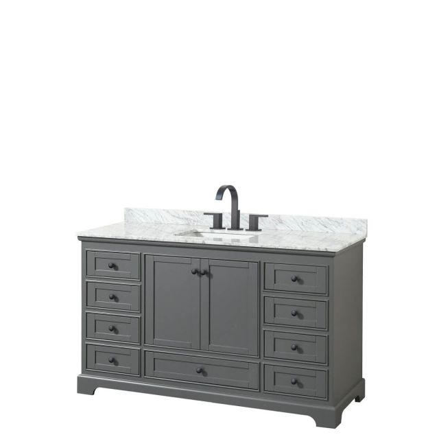 Wyndham Collection Deborah 60 inch Single Bathroom Vanity in Dark Gray with White Carrara Marble Countertop, Undermount Square Sink and Matte Black Trim WCS202060SGBCMUNSMXX