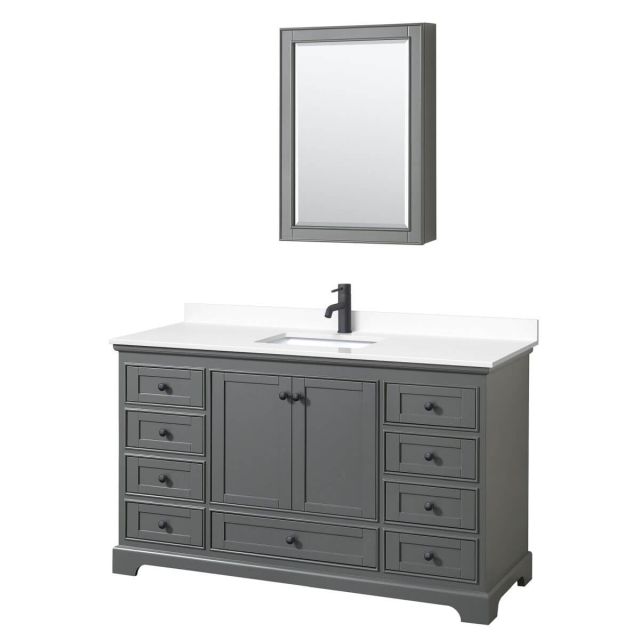 Wyndham Collection Deborah 60 inch Single Bathroom Vanity in Dark Gray with White Cultured Marble Countertop, Undermount Square Sink, Matte Black Trim and Medicine Cabinet WCS202060SGBWCUNSMED