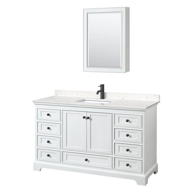 Wyndham Collection Deborah 60 inch Single Bathroom Vanity in White with Carrara Cultured Marble Countertop, Undermount Square Sink, Matte Black Trim and Medicine Cabinet WCS202060SWBC2UNSMED
