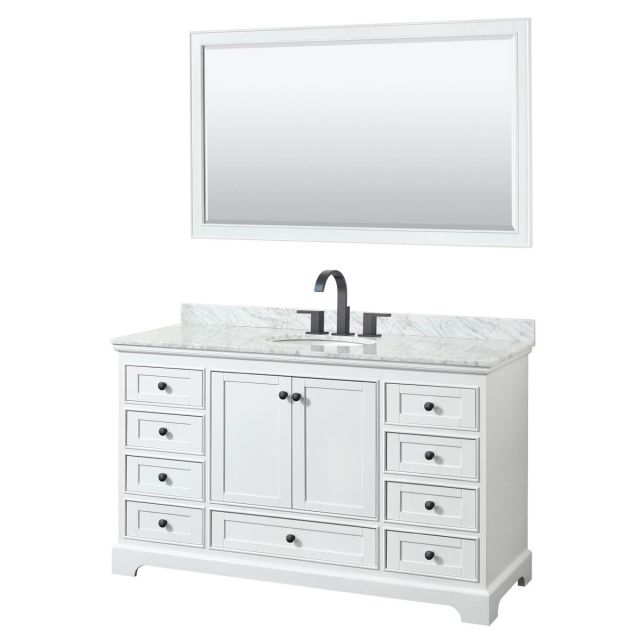 Wyndham Collection Deborah 60 inch Single Bathroom Vanity in White with White Carrara Marble Countertop, Undermount Oval Sink, Matte Black Trim and 58 Inch Mirror WCS202060SWBCMUNOM58