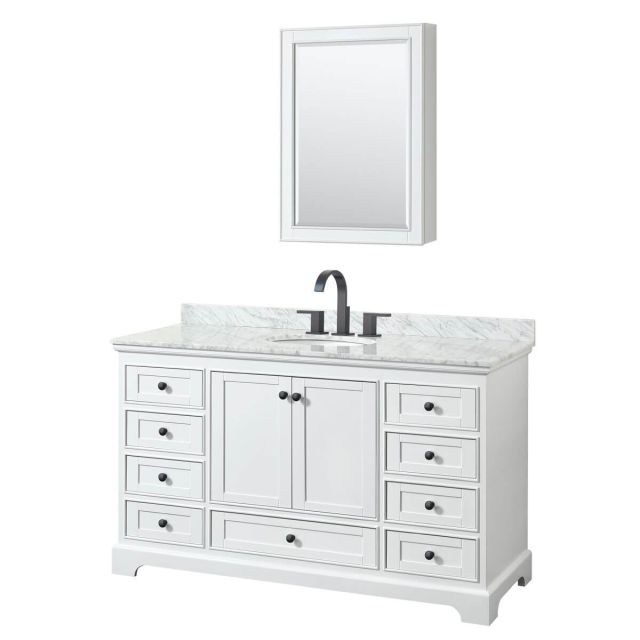 Wyndham Collection Deborah 60 inch Single Bathroom Vanity in White with White Carrara Marble Countertop, Undermount Oval Sink, Matte Black Trim and Medicine Cabinet WCS202060SWBCMUNOMED