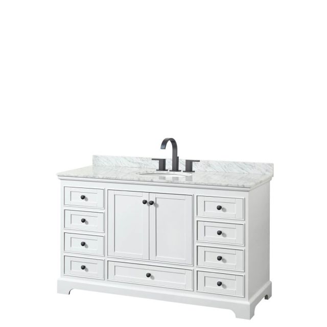 Wyndham Collection Deborah 60 inch Single Bathroom Vanity in White with White Carrara Marble Countertop, Undermount Oval Sink and Matte Black Trim WCS202060SWBCMUNOMXX