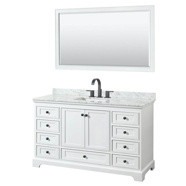 Wyndham Collection Deborah 60 inch Single Bathroom Vanity in White with White Carrara Marble Countertop, Undermount Square Sink, Matte Black Trim and 58 Inch Mirror WCS202060SWBCMUNSM58