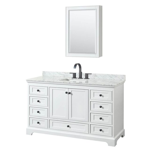 Wyndham Collection Deborah 60 inch Single Bathroom Vanity in White with White Carrara Marble Countertop, Undermount Square Sink, Matte Black Trim and Medicine Cabinet WCS202060SWBCMUNSMED