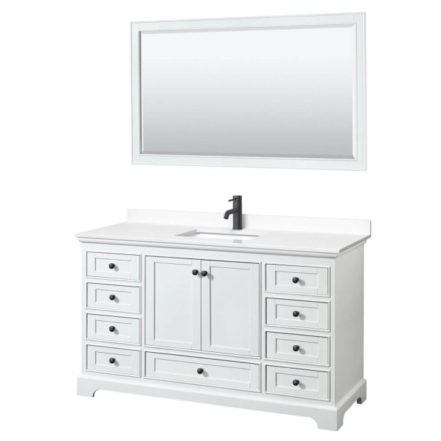 Wyndham Collection Deborah 60 inch Single Bathroom Vanity in White with White Cultured Marble Countertop, Undermount Square Sink, Matte Black Trim and 58 Inch Mirror WCS202060SWBWCUNSM58